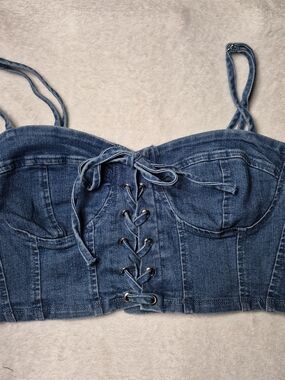 Denim Lace-Up Bustier Crop Top - Blue Y2K